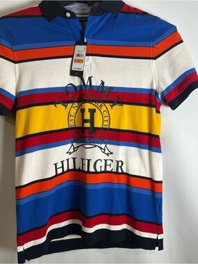 Tommy Hilfiger Bright Striped Logo Polo - Blue, Yellow, Red, Orange, White